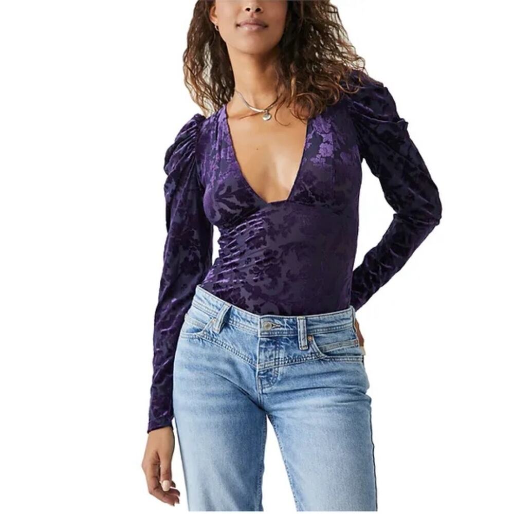 NWT Free People Magic Hour Velvet‎ Bodysuit Deep Sea Combo S